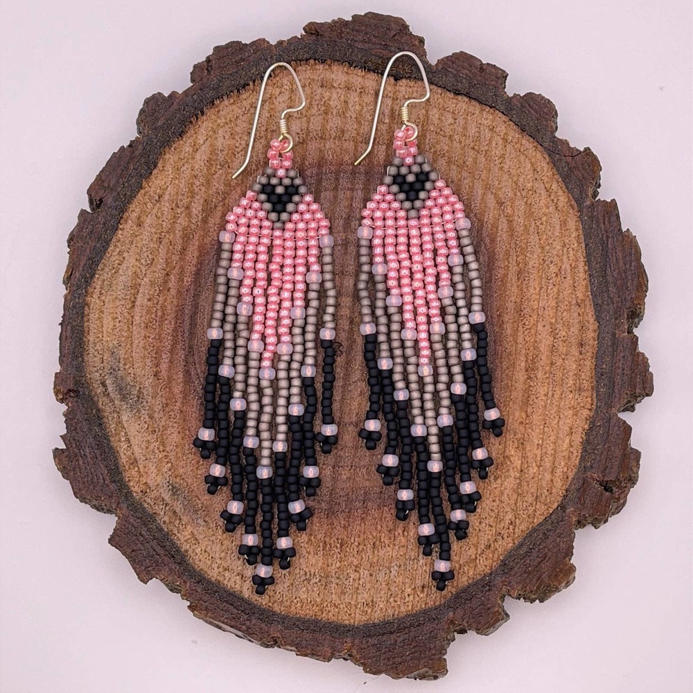 Seed Bead Fringe Dangle Earrings Pink Gray Black Glass Beads Beaded Hearts